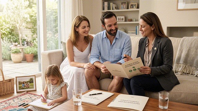 Corretora de seguros apresentando uma proposta a um casal e sua filha na sala de casa